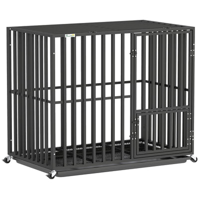 PawHut Heavy Duty Dog Crate, Dog Cage with Wheels for Small Medium Breeds, Metal Pet Kennel with Removable Tray 