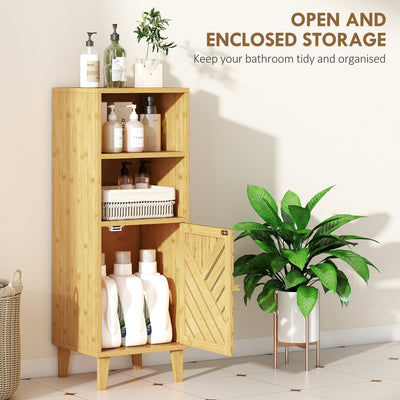 HOMCOM Slim Bathroom Cabinet with Bamboo Door and Legs, Narrow Bathroom Storage Cabinet, Freestanding Storage Cupboard with Open Compartments, 32 x 30 x 90 cm, Natural Wood Finish 