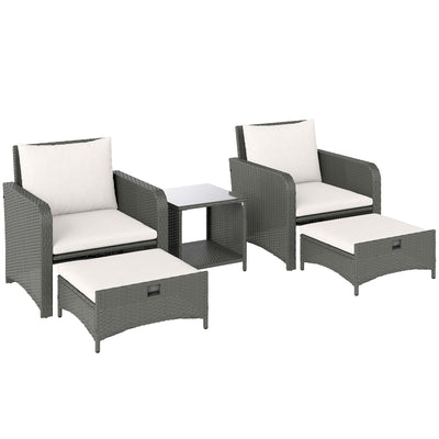 Outsunny Five Piece Rattan Garden Furniture Set with 2-Tier Coffee Table and Ottomans  - Cream White 