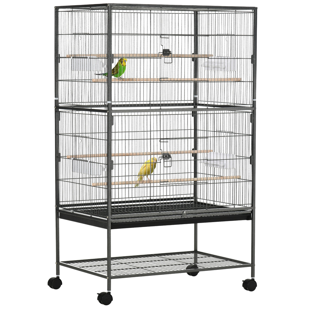 PawHut Large Bird Cage Budgie Cage for Finch Canaries Parakeet with Rolling Stand, Slide-out Tray, Storage Shelf, Food Containers, Dark Grey 