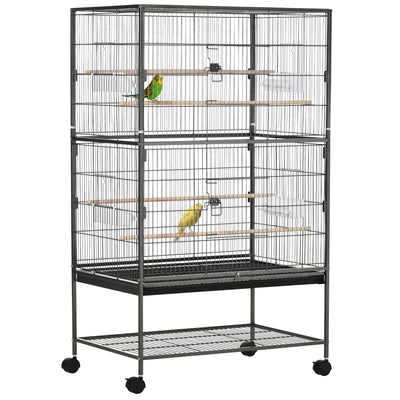PawHut Large Bird Cage Budgie Cage for Finch Canaries Parakeet with Rolling Stand, Slide-out Tray, Storage Shelf, Food Containers, Dark Grey 