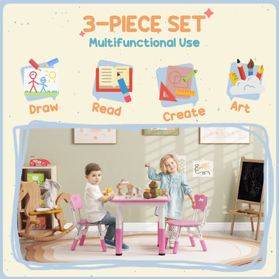 AIYAPLAY Height Adjustable Toddler Table and Chair Set, 3 Pcs Children Activity Table w/ 2 Chairs, for Playroom, Bedroom - Pink 