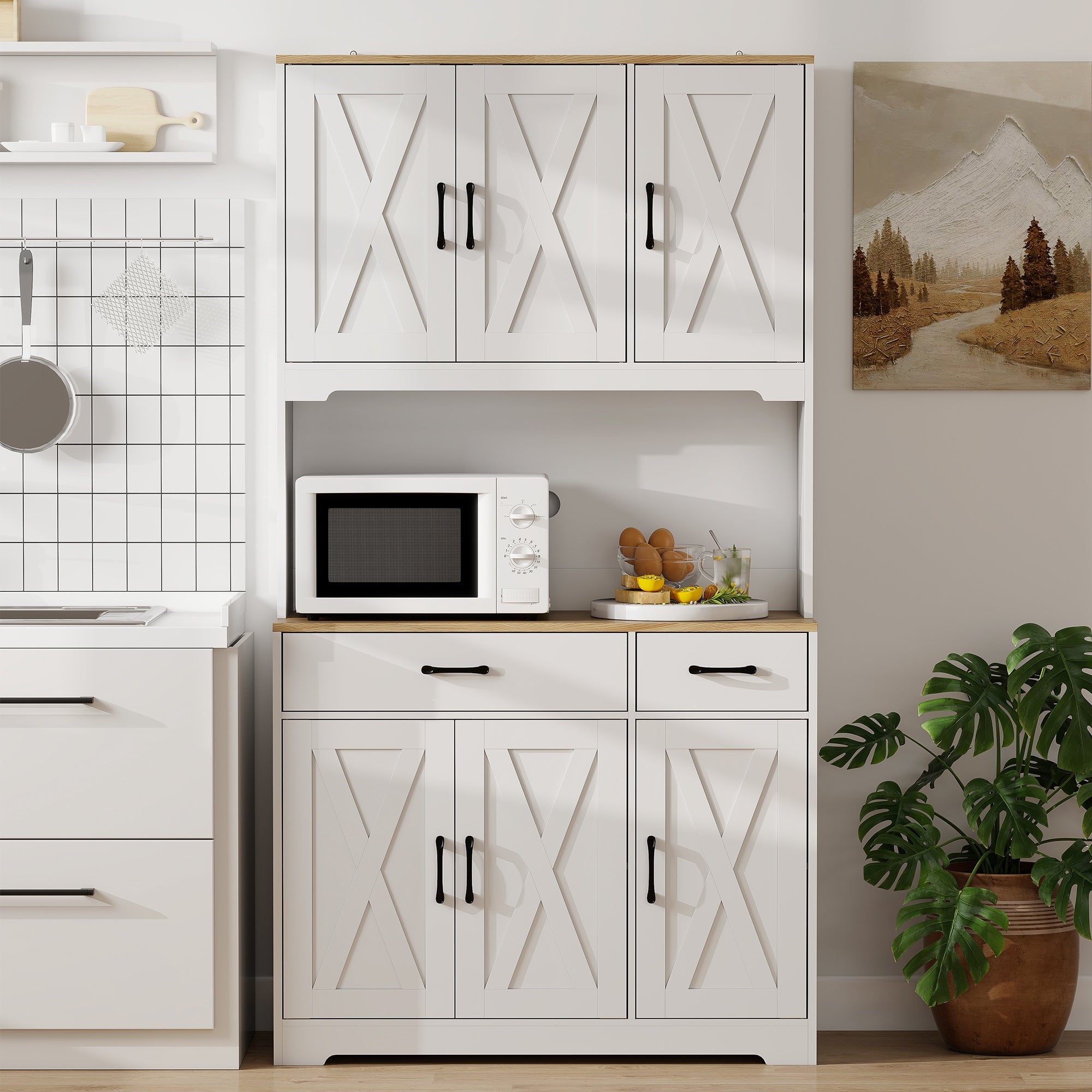 HOMCOM 175 cm Tall Kitchen Pantry Cabinet with Microwave Stand, Freestanding Pantry Cupboard, White 