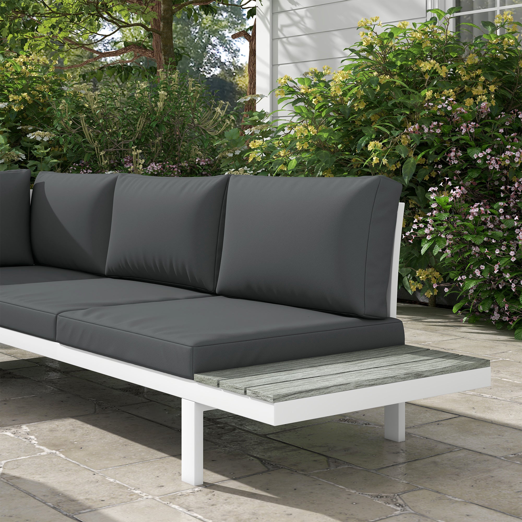 Outsunny 4 Pieces Patio Garden Set with 5-Level Recline Corner Sofa, Outdoor Garden Lounge Sectional Conversation Sofa Set with Cushions, Wood Grain Plastic Table, White  Frame Grey Cushion