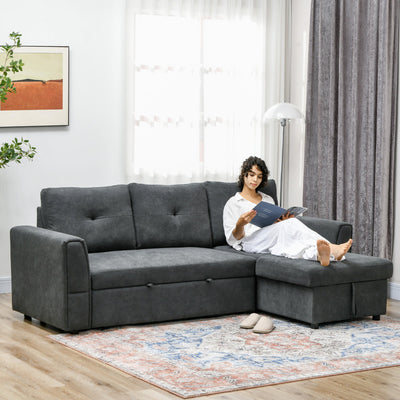 HOMCOM 3 Seater Sofa Bed, L Shaped Pull Out Sofa Bed with Storage, Convertible Click Clack Settee Sectional Sleeper Futon for Living Room, Office, Dark Grey 
