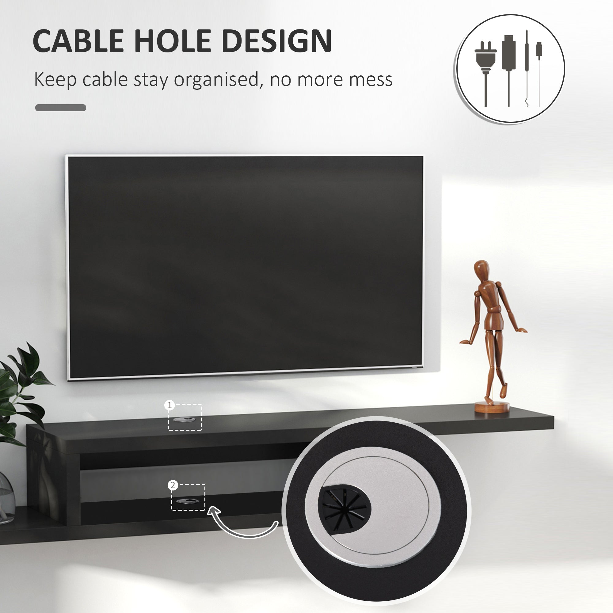 HOMCOM Floating TV Unit, Wall Mounted TV Stand with Open Shelf and 2 Cable Holes, Entertainment Unit for Living Room, Black 