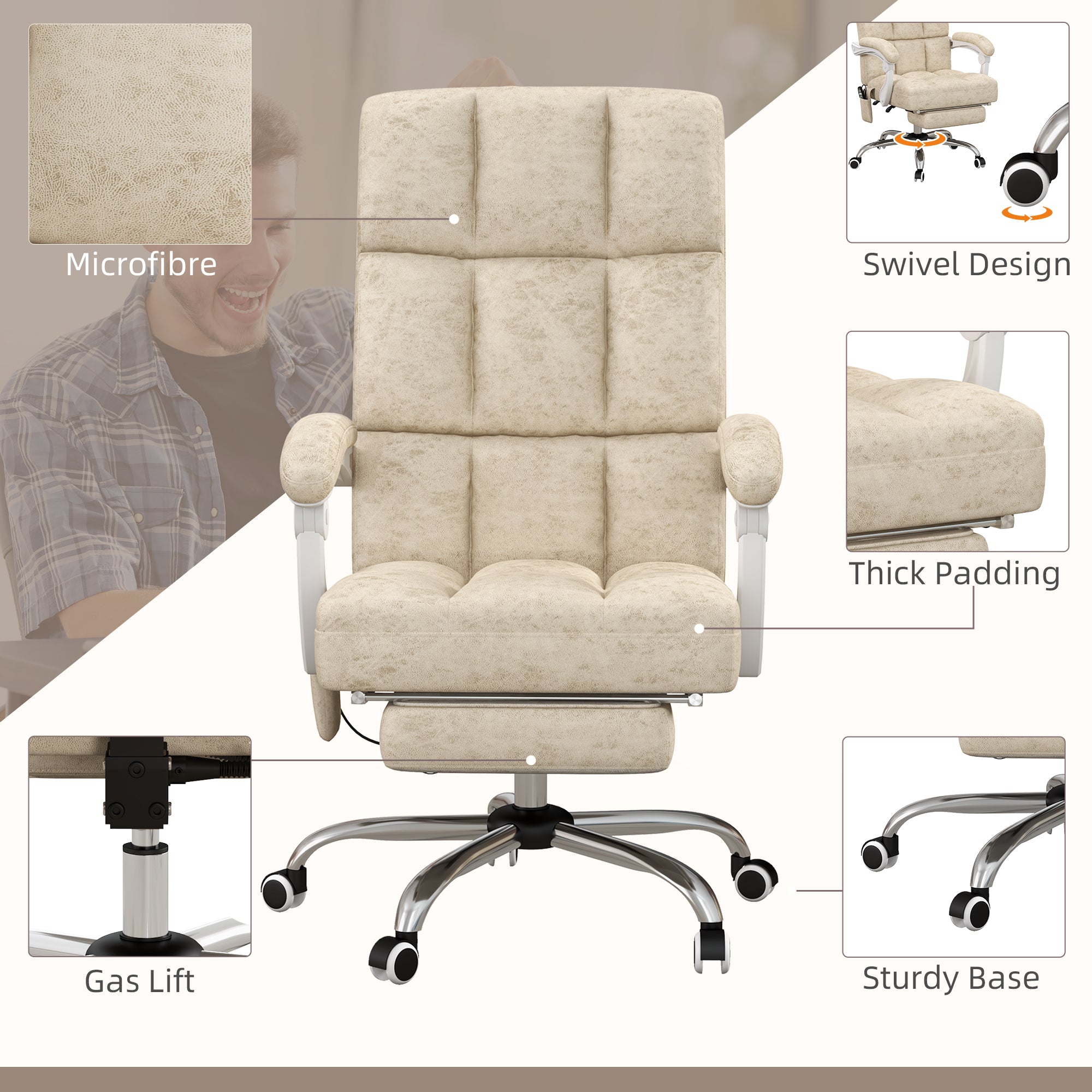 Vinsetto Massage Office Chair, Ergonomic Desk Chair, Comfy Work Study Chair with Heat, Padded Seat, 135\'c2\'b0 Reclining Back and Footrest for Home Office, Beige