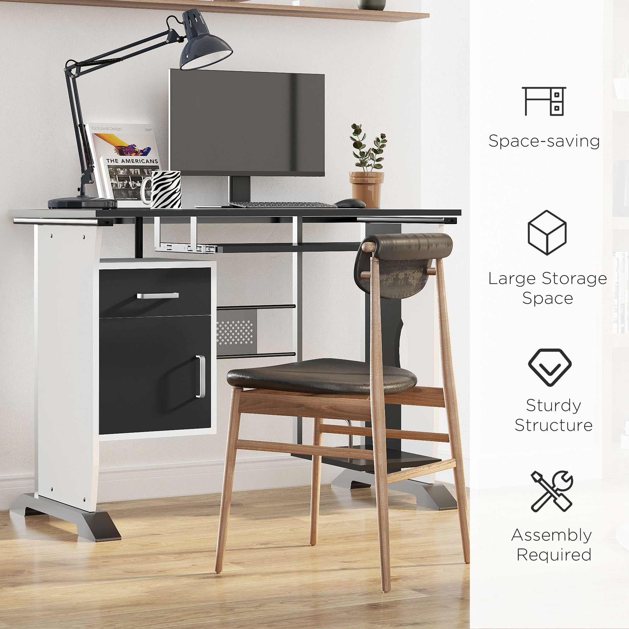HOMCOM Computer Desk with Sliding Keyboard Tray, Storage Drawers and Host Box Shelf, Home Office Desk, Study Workstation, 100 x 52 x 75cm, Black 