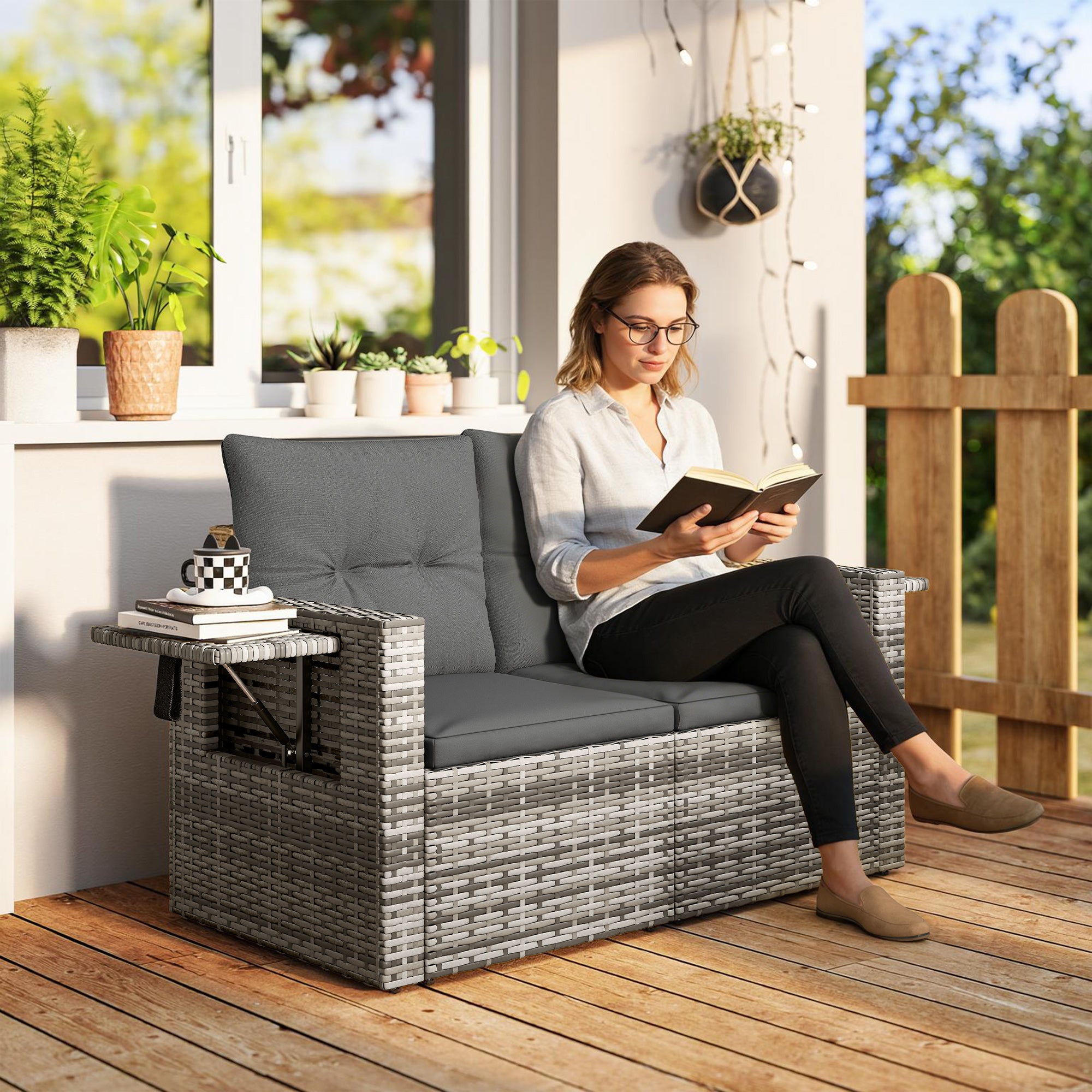 Outsunny 2 Seater Rattan Garden Sofa Outdoor Loveseat with Hidden Side Trays and Cushions for Patio Balcony, Dark Grey 