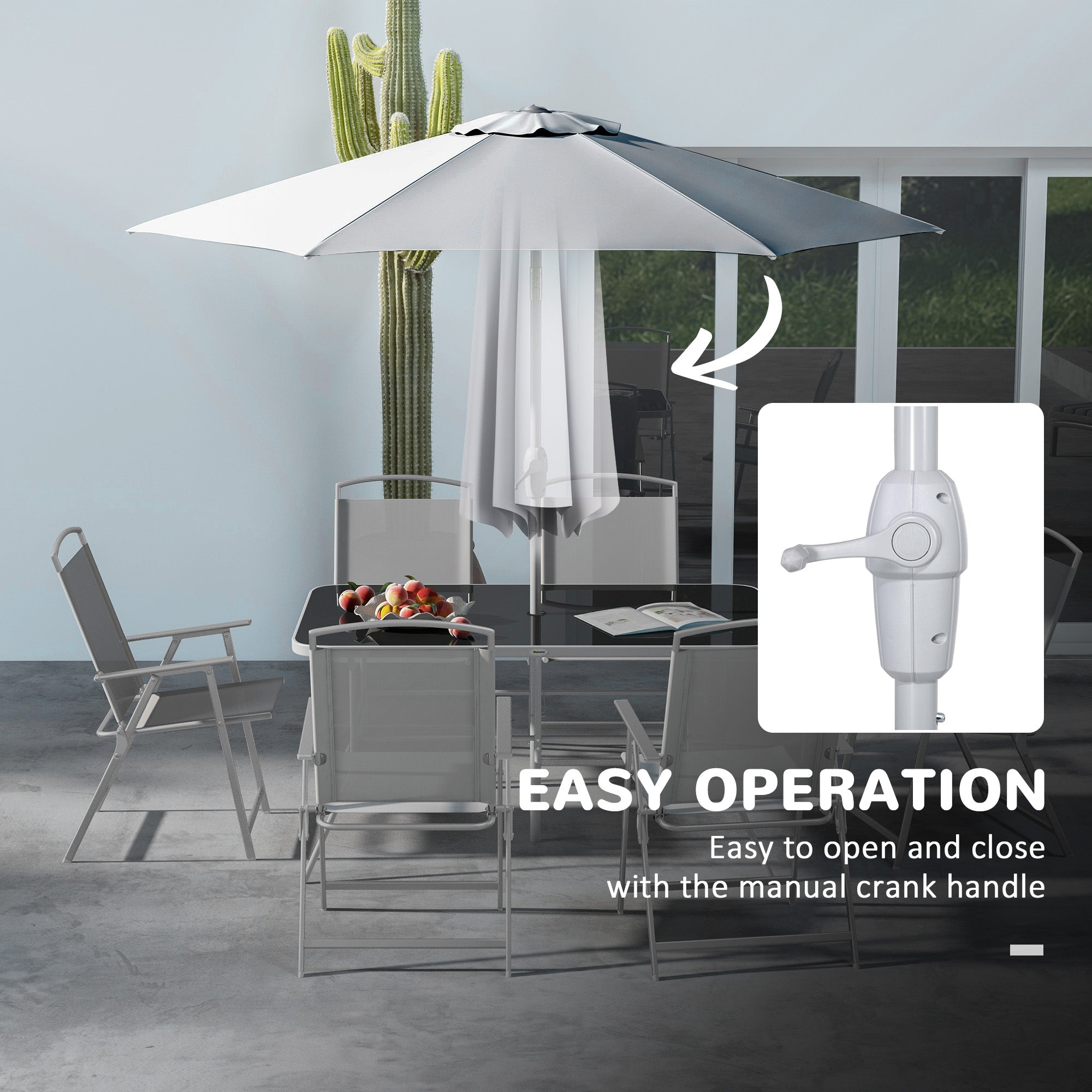 Outsunny Eight-Piece Garden Dining Set, with Chairs, Table and Parasol - Grey 