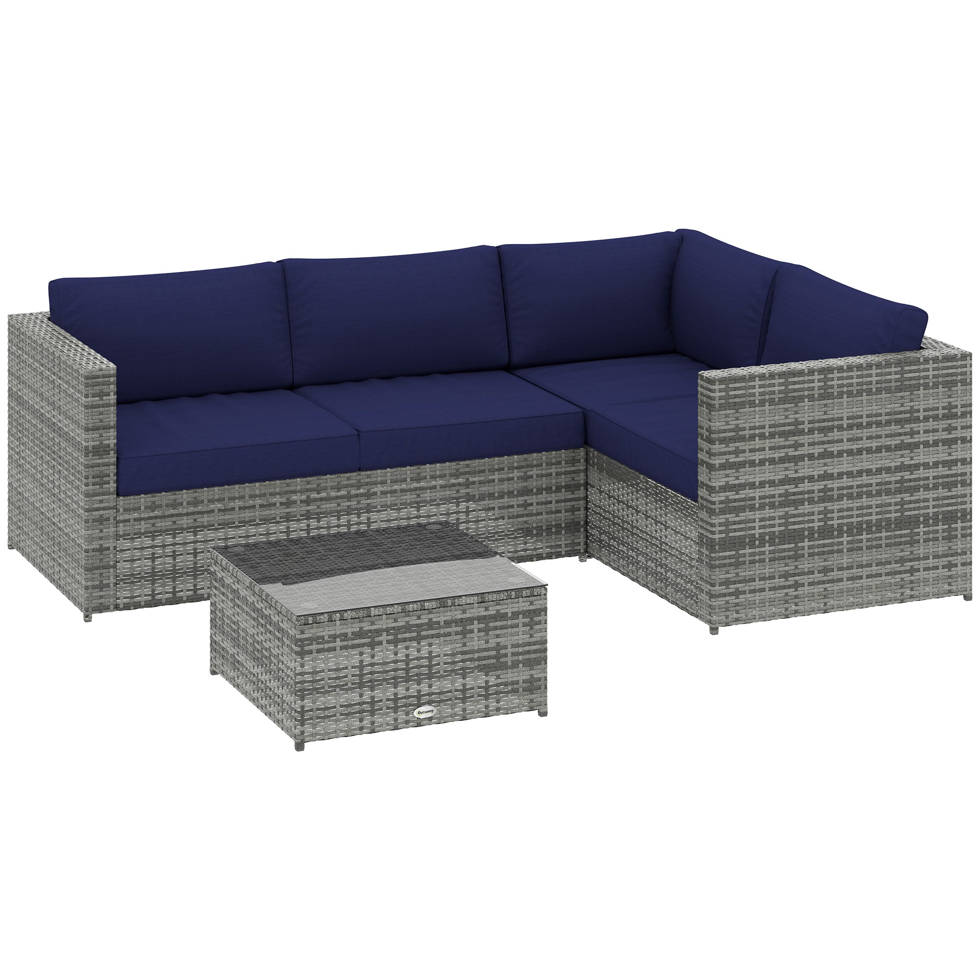 Outsunny 3 Pieces PE Rattan Garden Furniture Set with 10 cm Thick Cushions, 4 Seater Garden Corner Sofa Set with Glass Top Coffee Table, Outdoor Furniture for Patio, Porch, Blue 