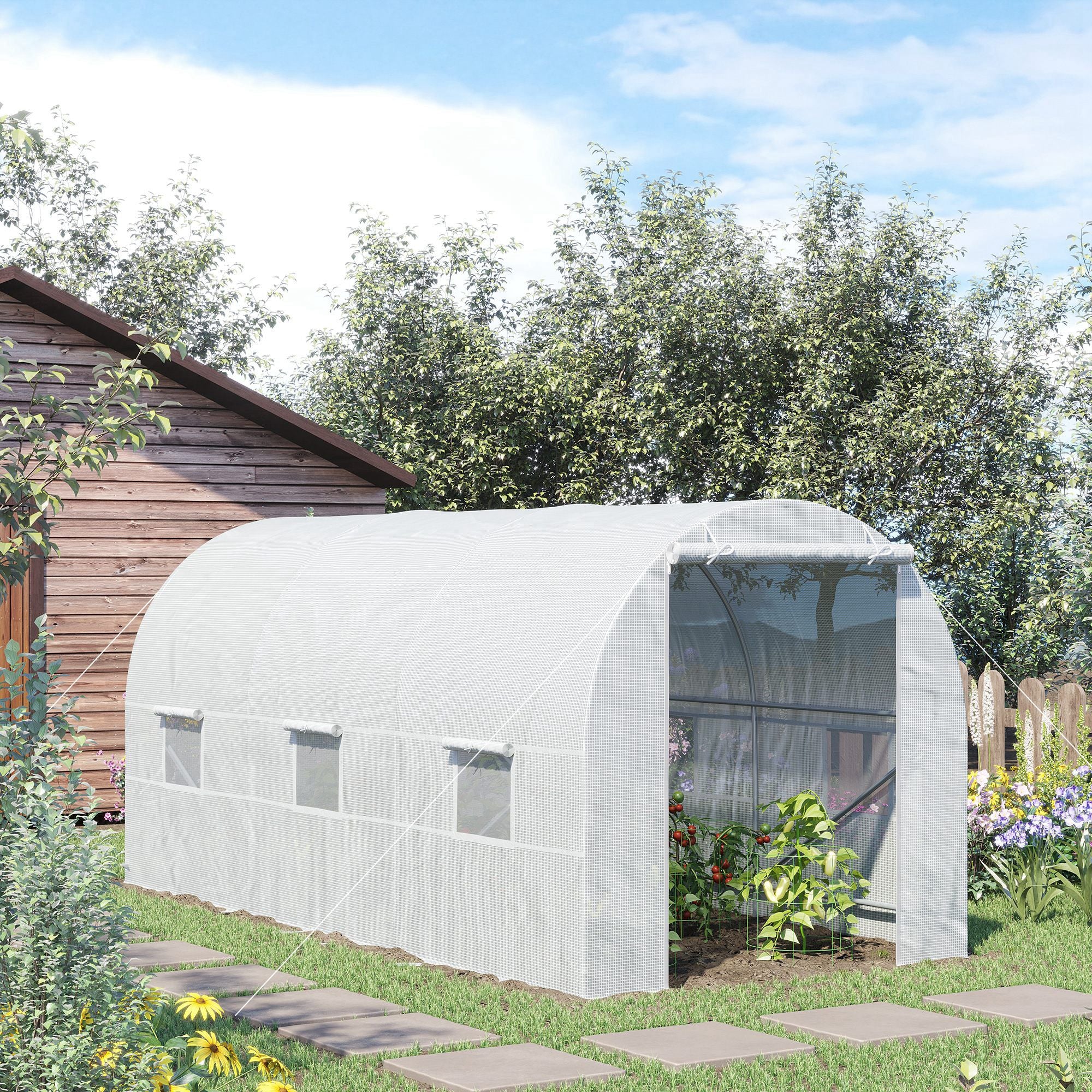 Outsunny 4.5 x 2 x 2 m Polytunnel Greenhouse, Walk-in Green House for Garden with Mesh Windows, Galvanised Steel Frame, White 