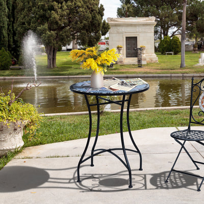Outsunny Outdoor Mosaic Round Garden Table, Patio Bistro Coffee Side Table with 60cm Ceramic Top for Garden, Blue and White 