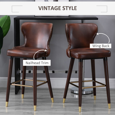 HOMCOM Bar Stools Set of 2, PU Leather Vintage Counter-Height Bar Chair, Luxury European Style Kitchen Stools with Back, Brown 