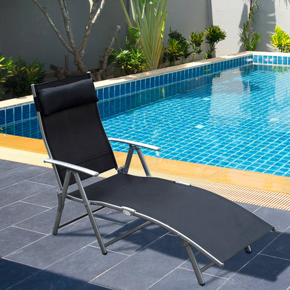 Outsunny Sun Lounger Steel Frame Outdoor Folding Chaise Texteline Lounge Chair Recliner with Headrest & 7 Levels Adjustable Backrest, Black 