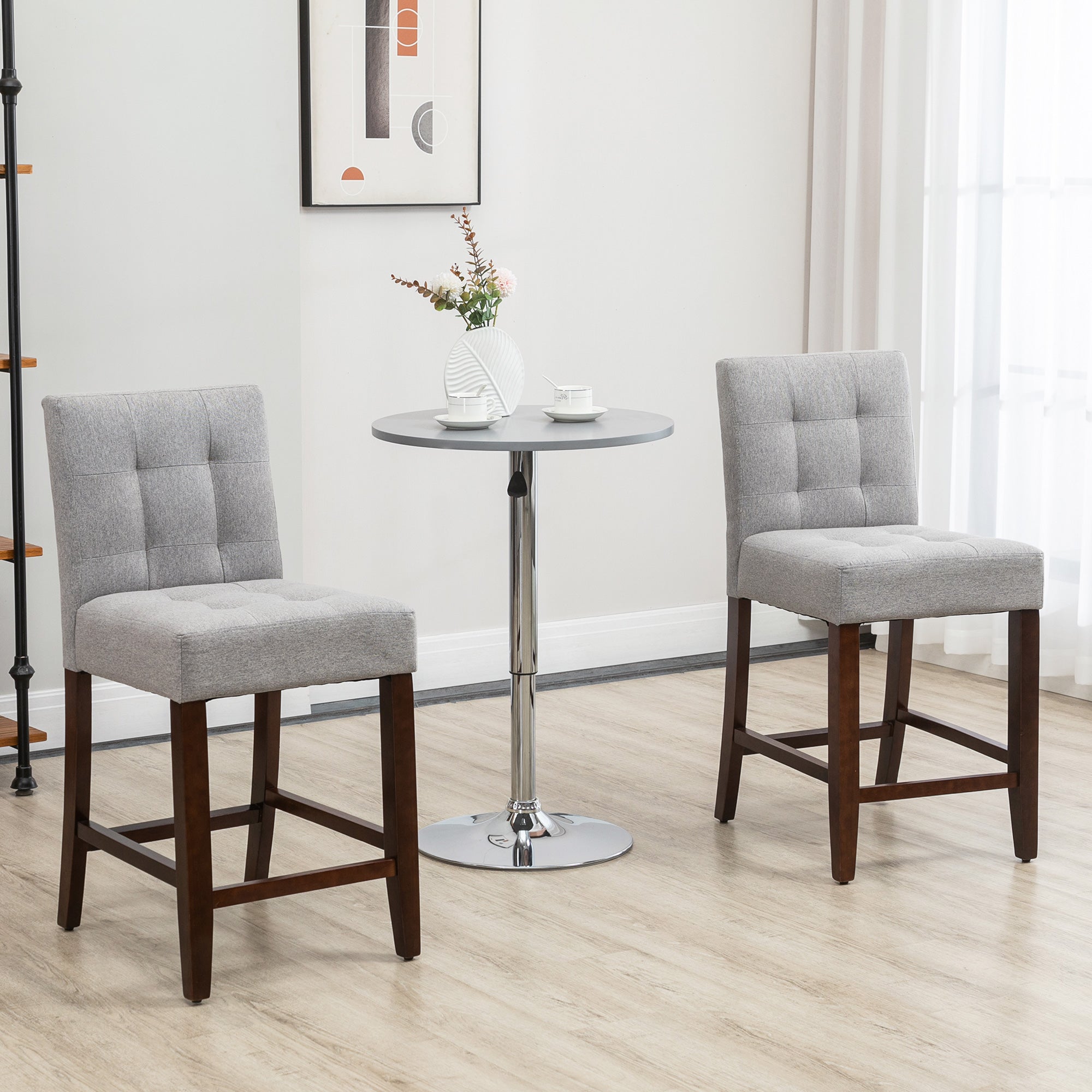 HOMCOM Modern Fabric Bar Stools Set of 2, Thick Padding Kitchen Stool, Bar Chairs with Tufted Back, Wood Legs, Grey 