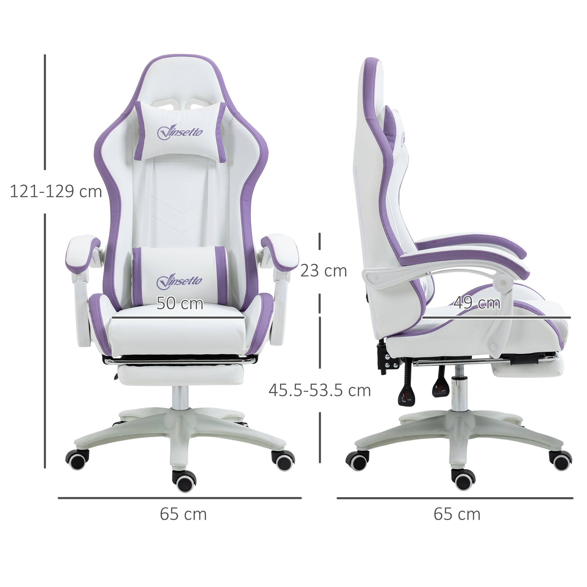 Vinsetto Computer Gaming Chair, PU Leather Desk Chair with Footrest, Swivel Task Chair with 135\'c2\'b0 Reclining Back and Lumbar Support, PC Chair for Adults, White and Purple