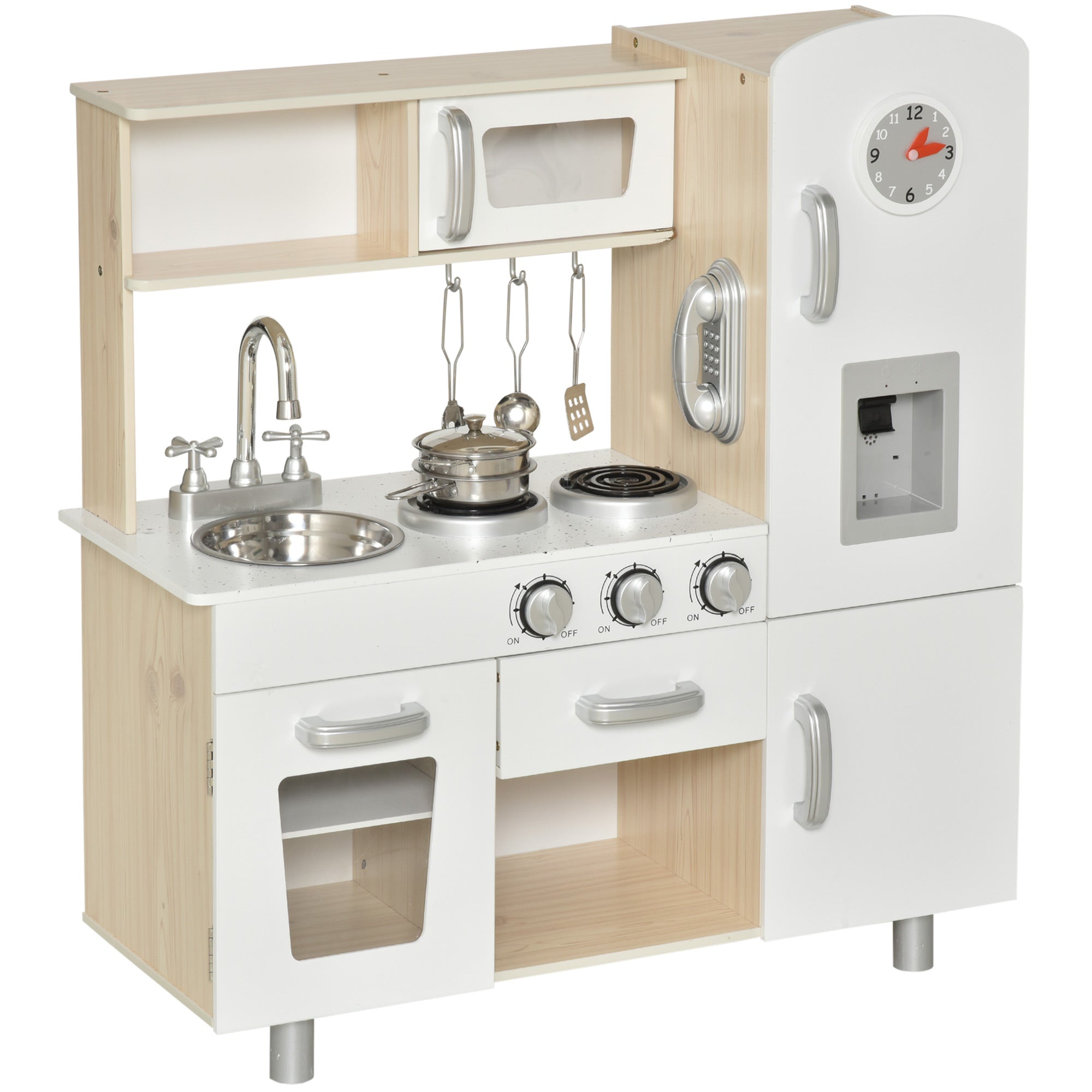 HOMCOM Kids Wooden Pretend Play Toy Kitchen Cooking Set Role Play Phone for Boys Girls White 