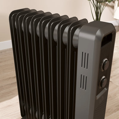 HOMCOM 2000W Oil Filled Radiator, 9 Fin, Portable Electric Heater with 3 Heat Settings, Safety Cut-Off and Wheels, Grey 