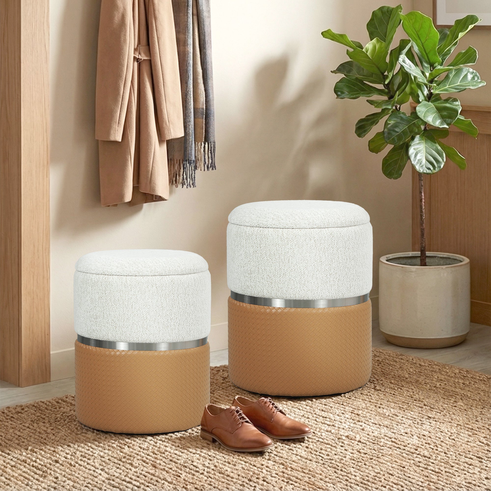 HOMCOM Nesting Round Ottoman with Storage Set of 2 - Cream/Brown 