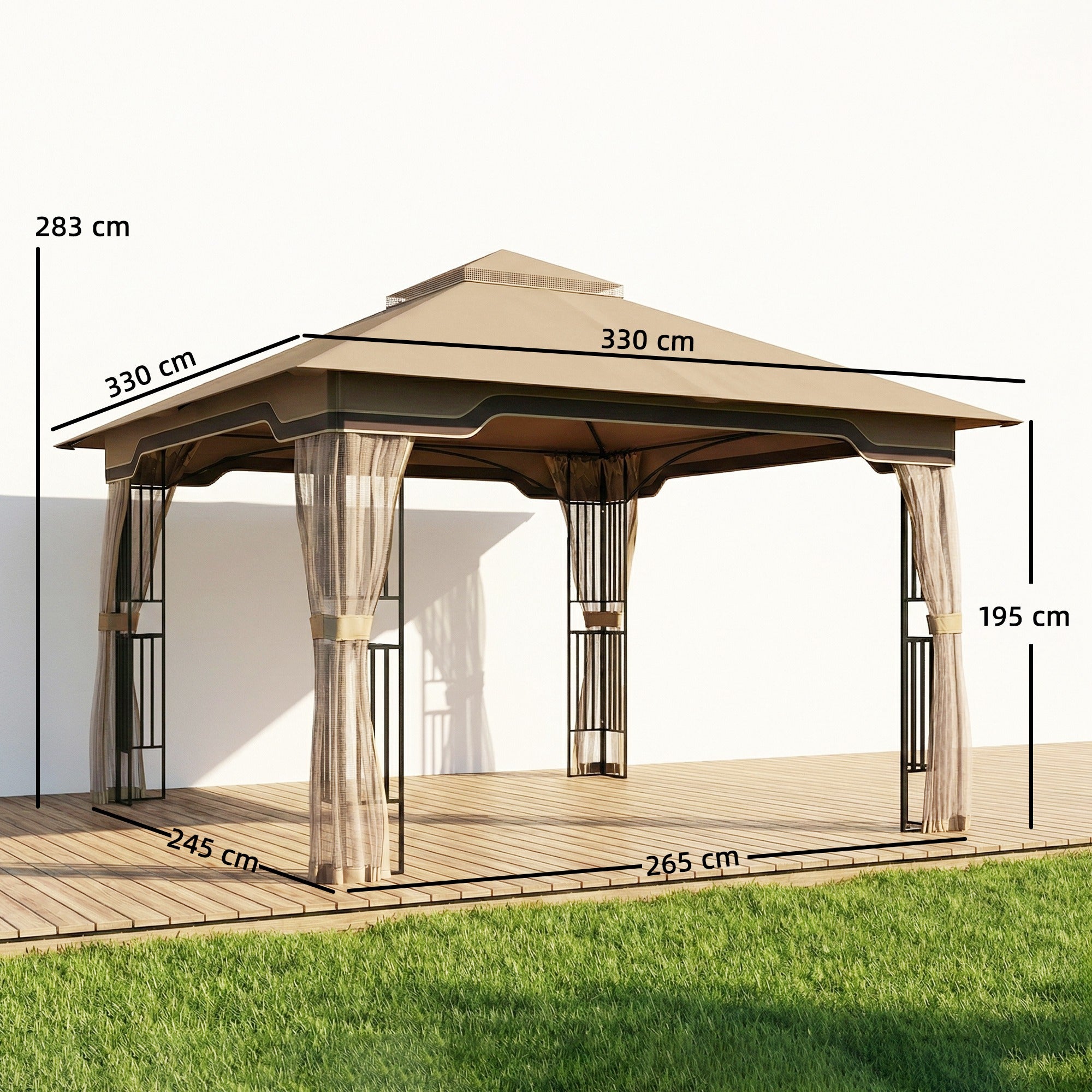 Outsunny 3.3 x 3.3 m Outdoor Garden Gazebo with Post Shelves, UPF50+ Patio Permanent Pavilion with Hook, Khaki 