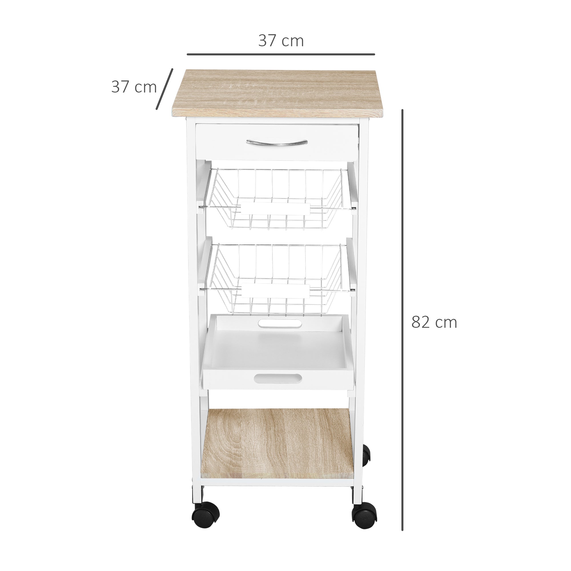 HOMCOM Mobile Rolling Kitchen Island Trolley for Home w/ Metal Baskets Trays Shelves Wheels Compact Stylish Storage White 