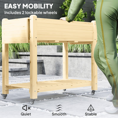 Outsunny Raised Garden Bed, Wooden Elevated Planter Box with Lockable Wheels, Side Tables and Bottom Shelf, Outdoor Planter with Liner and Drainage Holes for Vegetables, Flowers, Fruits, Natural 