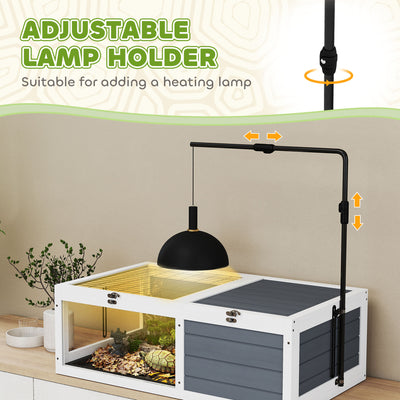 PawHut Tortoise Table with Adjustable Lamp Holder, Wooden Tortoise House w/ Openable Lids, Pull-Out Trays - Grey 