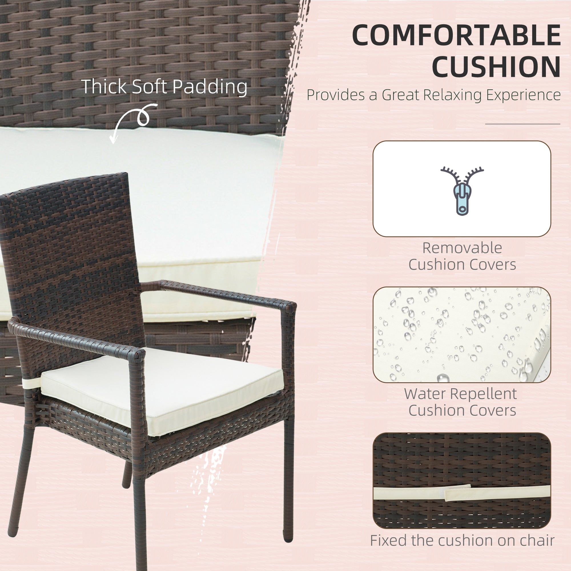 Outsunny 6 Seater Rattan Dining Set with Cushions, Rattan Garden Furniture Set, Outdoor Dining Table and Chairs with 6 Stackable Armchairs, Rectangular Glass Top Table for Patio, Balcony, Brown 