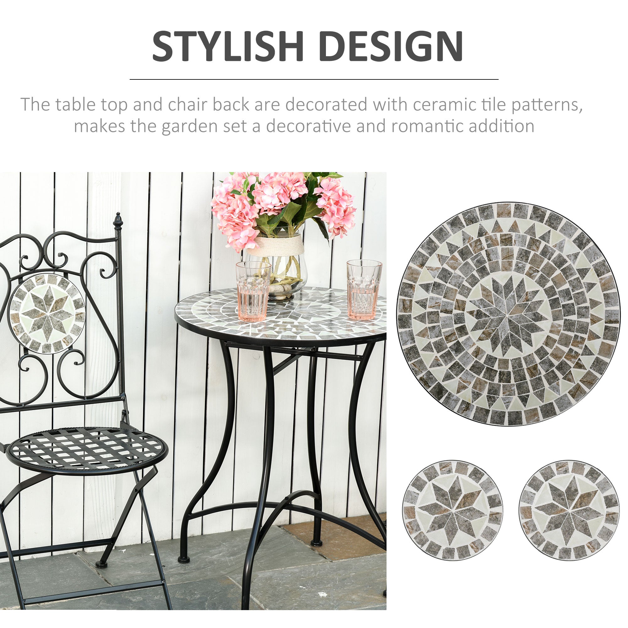 Outsunny 3 Pcs Mosaic Tile Garden Bistro Set Outdoor Seating w/ Table 2 Folding Chairs Set Metal Frame Elegant Scrolling Indoor Patio Balcony 
