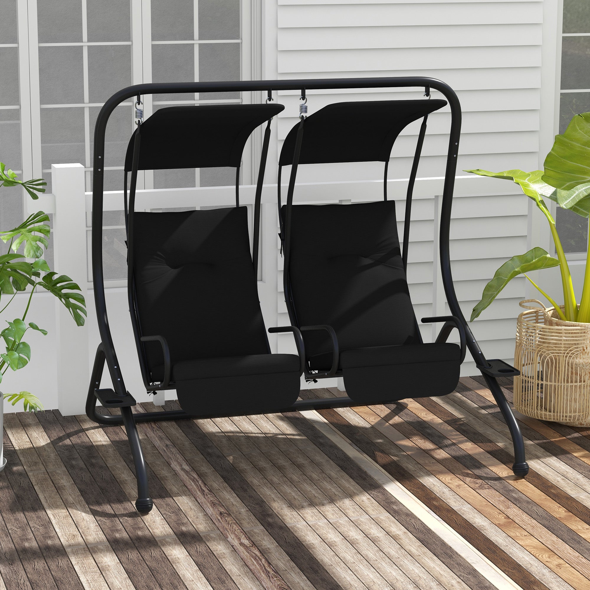 Outsunny Two-Seat Garden Swing Chair, with Protective Canopy - Black 