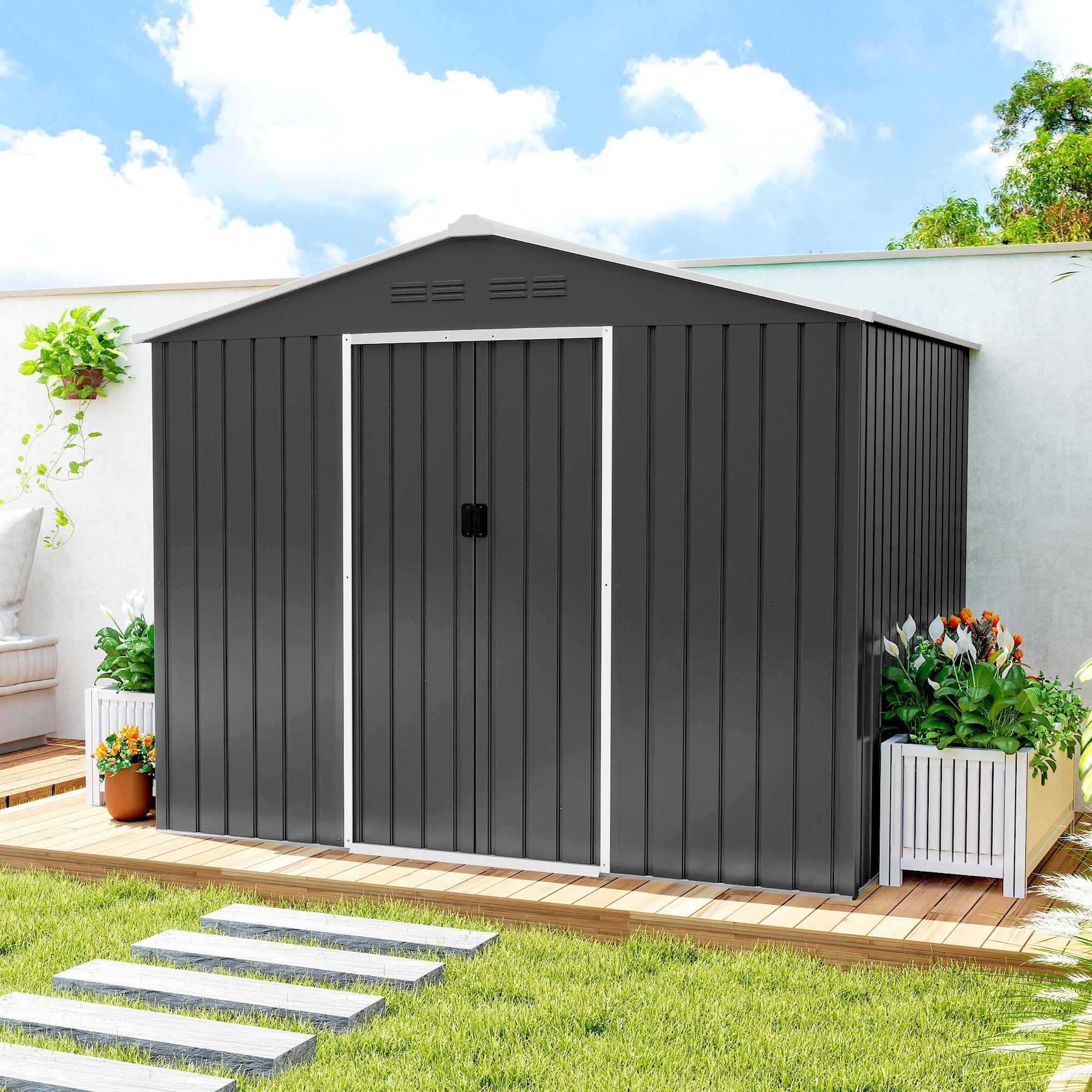 Outsunny 8 x 6ft Galvanised Steel Shed, with Double Door - Dark Grey 