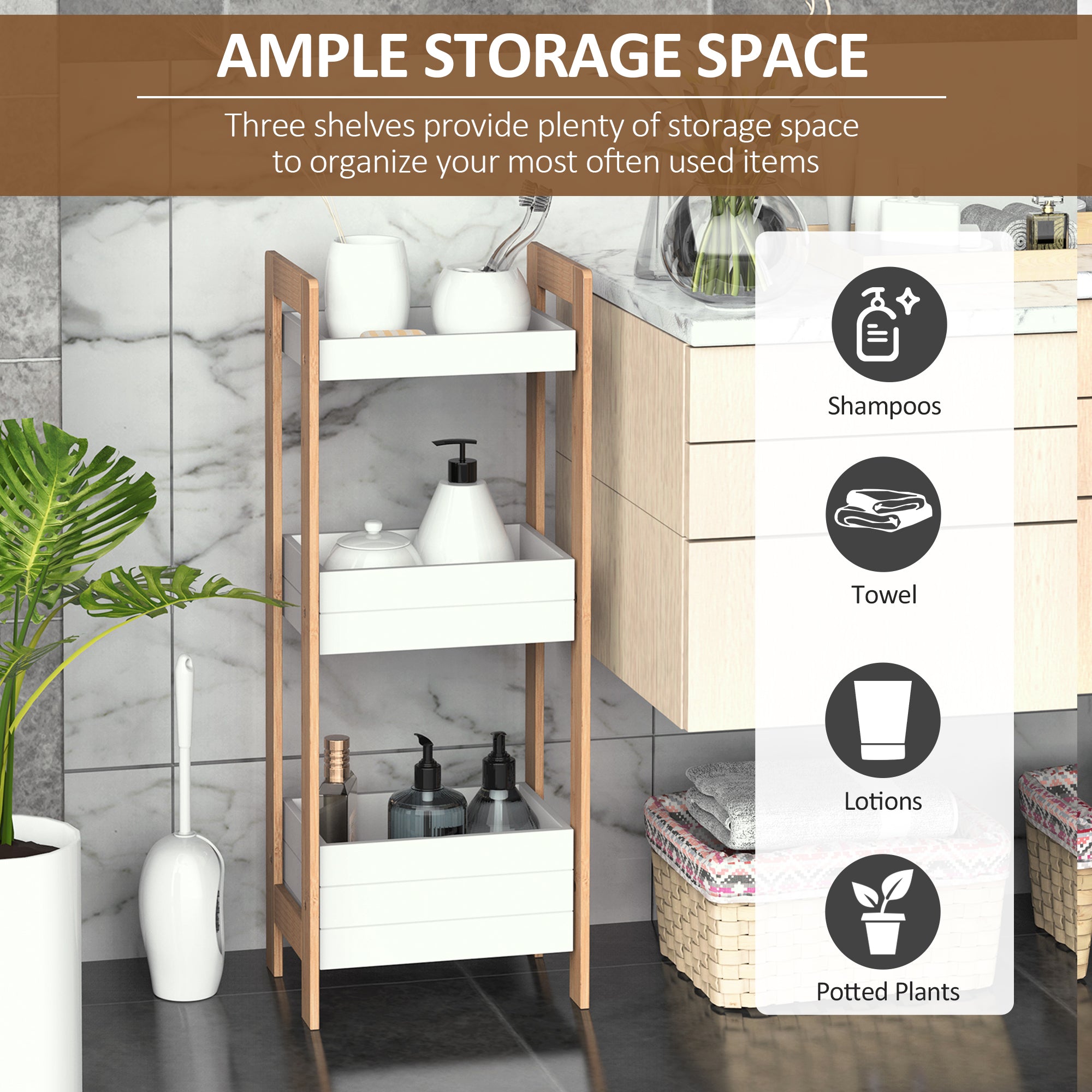 HOMCOM 3-Tier Bathroom Rack Storage Shelf Bamboo Organiser Shower Tower for Narrow Place 