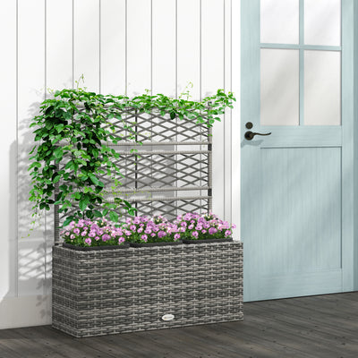 Outsunny 33L Garden PE Rattan Planter with Trellis, Free Standing Flower Raised Bed for Garden, Garden Planter for Climbing Plants, 84cm x 30cm x 107cm, Light Grey 