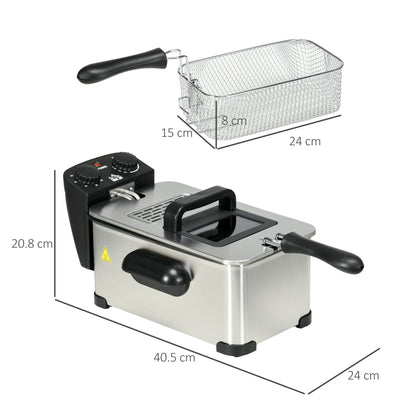 HOMCOM 3 Litre Stainless Steel Deep Fat Fryer with Adjustable Temp, 60min Timer, Viewing Window and Safety Cut Out, 2000W 