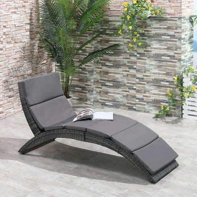 Outsunny Outdoor Foldable PE Rattan Sun Lounger with Soft Padded Cushion, Ergonomic Curved Design Sun Bed for Balcony, Garden, Grey 