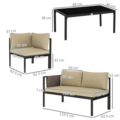 Outsunny 5 Seater Garden Corner Sofa Set, 4 Pieces Metal Garden Furniture Set with Loveseats, Glass Top Coffee Table, Breathable Mesh Pocket, Outdoor Conversation Furniture with Cushions, Khaki 