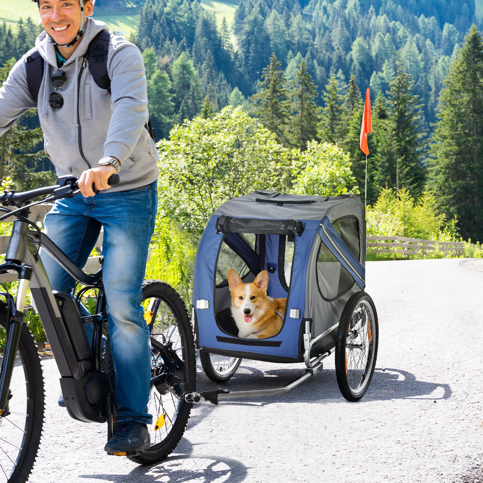 PawHut Folding Dog Bike Trailer Pet Cart Carrier for Bicycle Travel in Steel Frame with Hitch Coupler - Blue & Grey 