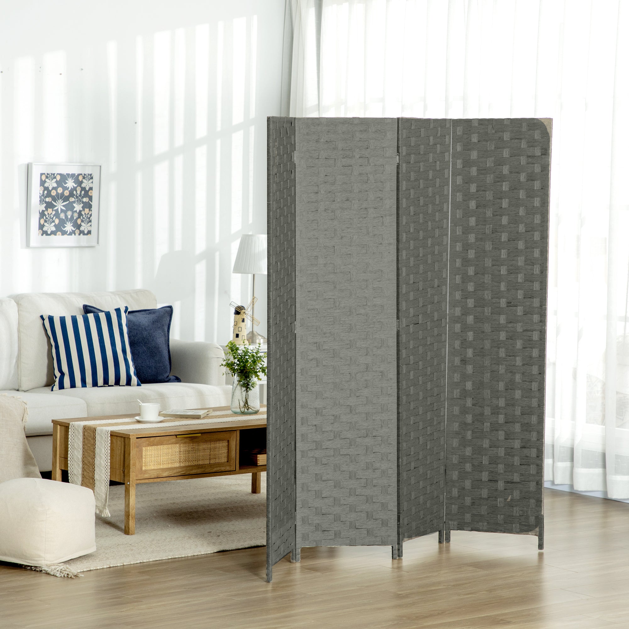 HOMCOM 4-Panel Room Dividers, Wave Fibre Freestanding Folding Privacy Screen Panels, Partition Wall Divider for Indoor Bedroom Office, 170\'c2\'a0cm, Grey