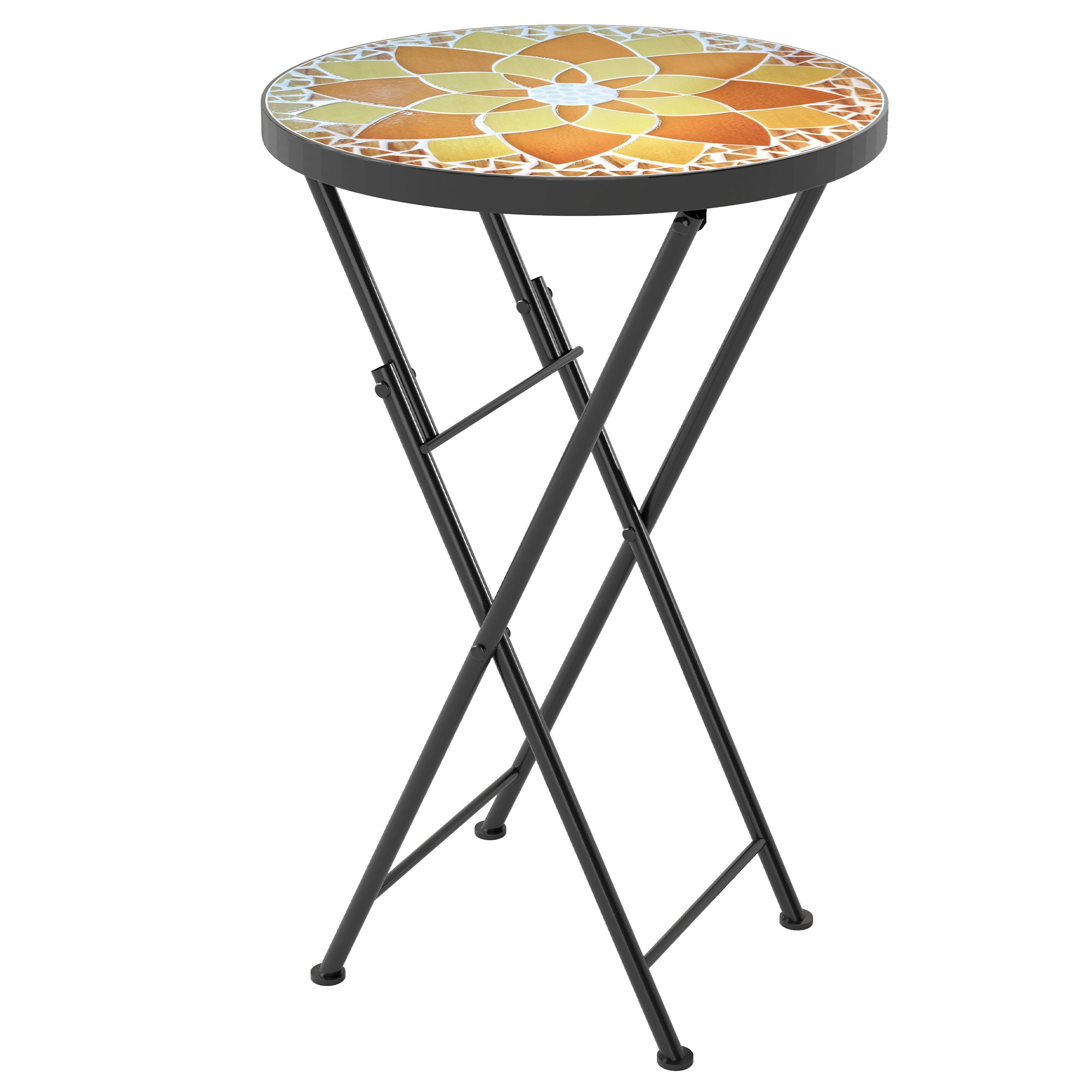 Outsunny Mosaic Outdoor Garden Table, 35.5cm Round Folding Coffee Table with Metal Frame for Balcony Terrace, Yellow 