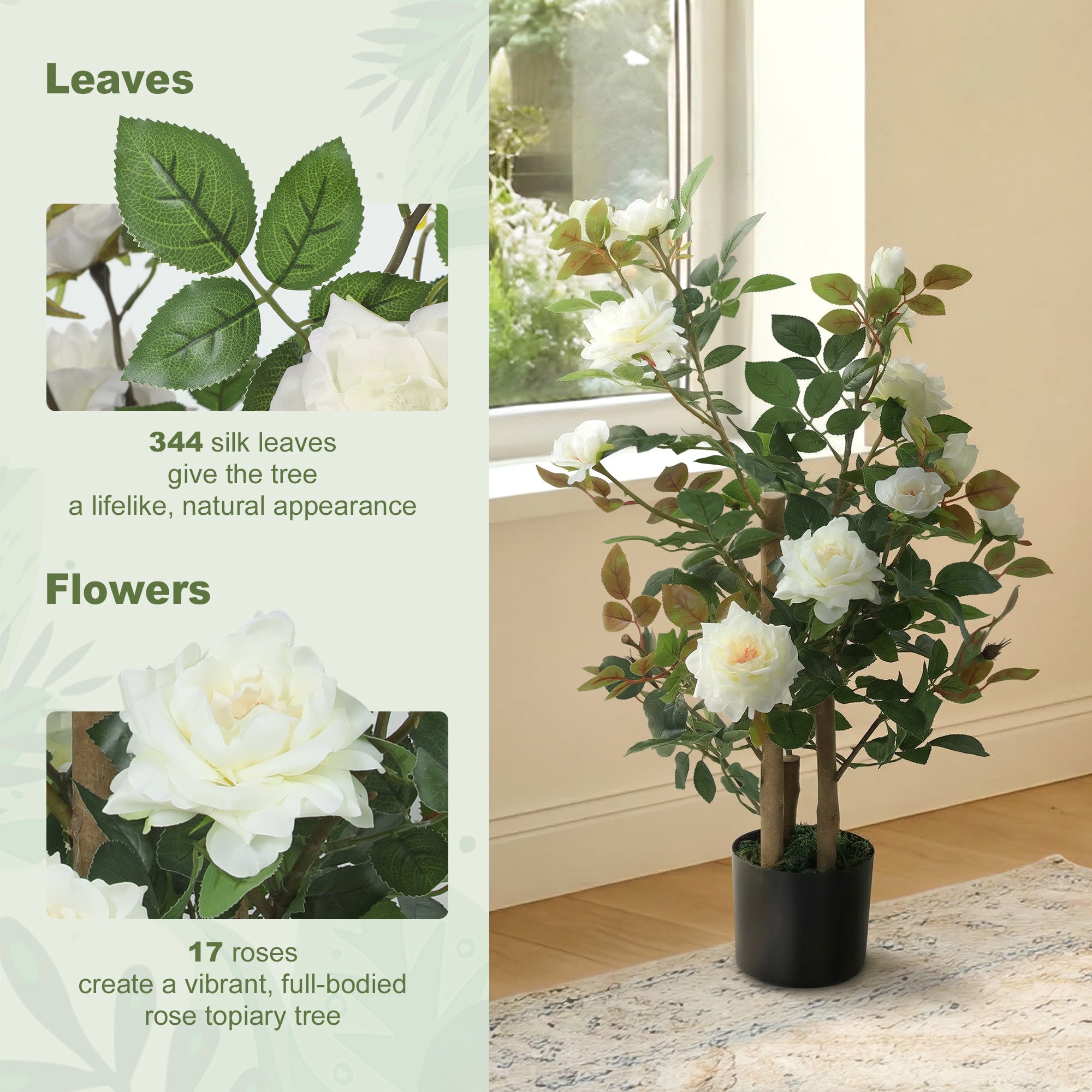 HOMCOM 90cm Artificial Rose Tree, Decorative Fake Plant with 344 Silk Leaves 17 Flowers for Outdoor Indoor Decor, White 