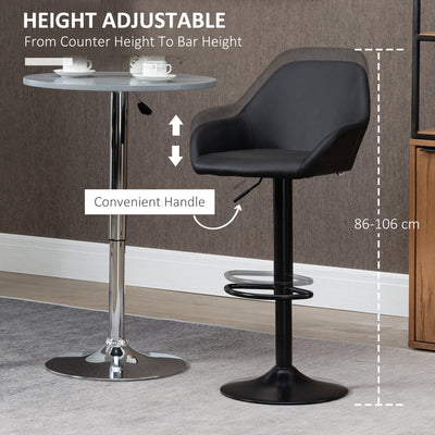 HOMCOM Bar Stools Set of 2, Height Adjustable Swivel Barstools, PU Leather Kitchen Stools with Backs, Armrests and Footrest for Home, Counter and Dining Room, Black 