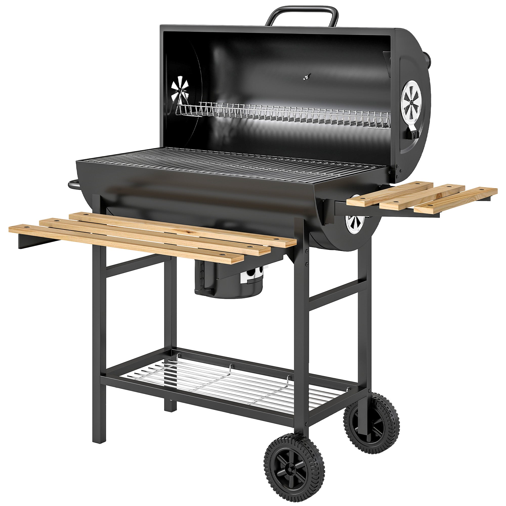 Outsunny Charcoal Grill, Barrel BBQ Smoker with Warming Rack, Charcoal BBQ Grill with Foldable Shelves, Natural Wood and Black 