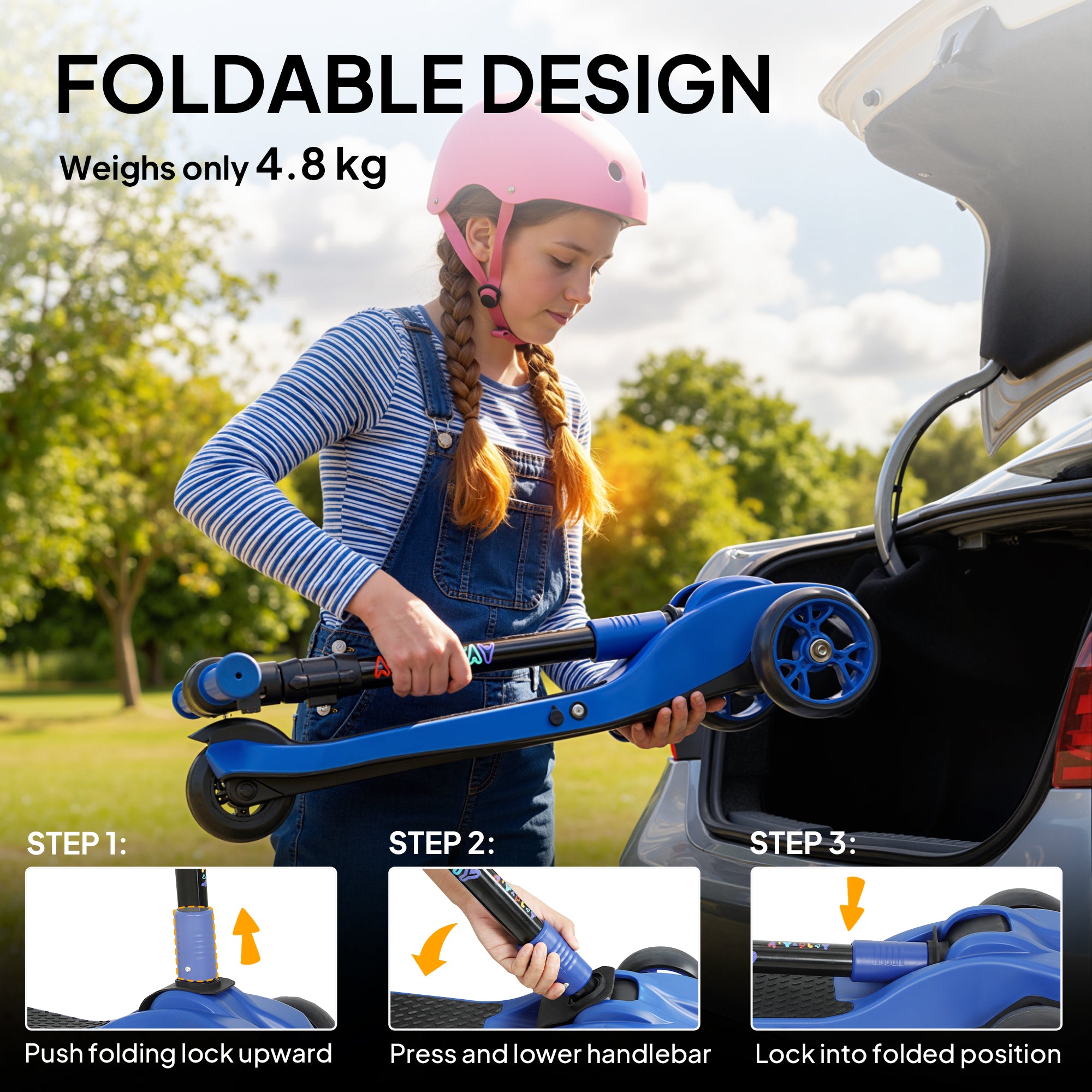 AIYAPLAY Three-Wheel Foldable Electric Scooter for Kids Aged 6-10 Years, Blue 