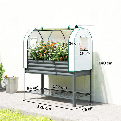 Outsunny Galvanised Raised Planter with Greenhouse Cover, Metal Raised Garden Bed on Legs with Bed Liner and Bottom Shelf 