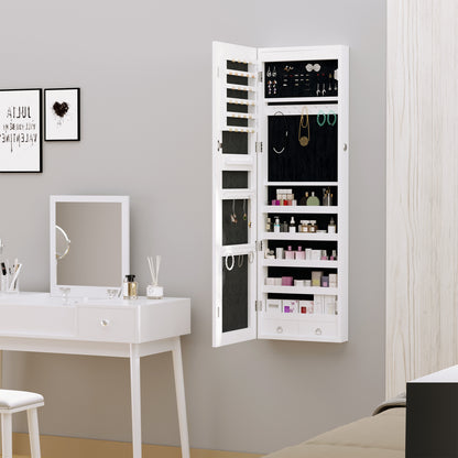 HOMCOM Jewelry Cabinet with Mirror and LED Lights, Lockable Makeup Cosmetics Jewellery Organiser, Mirror with Storage for Bedroom Dressing Room, White 