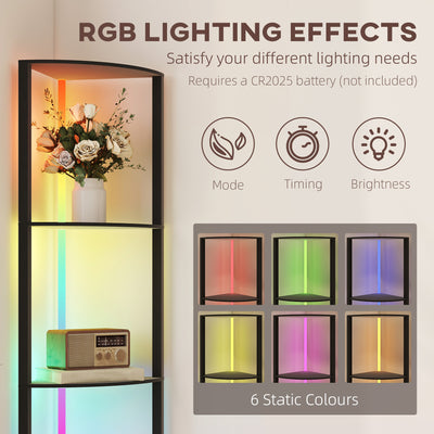 HOMCOM RGB LED Floor Lamp with Shelves, 5-Tier Dimmable Standing Lamp with Adjustable Brightness and Remote Control, Modern Corner Display Shelf Unit for Living Room Bedroom Office, Black 