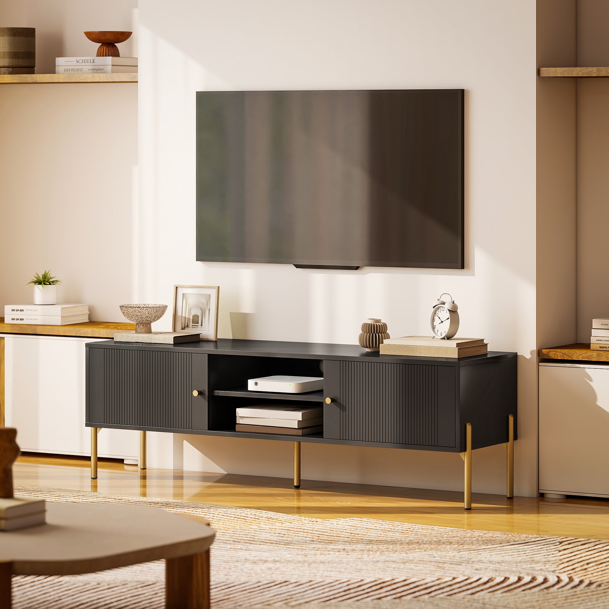 HOMCOM TV Stand for TVs up to 65", Entertainment Center with 2 Open Shelves, 2 Cabinets and Steel Legs for Living Room, Black