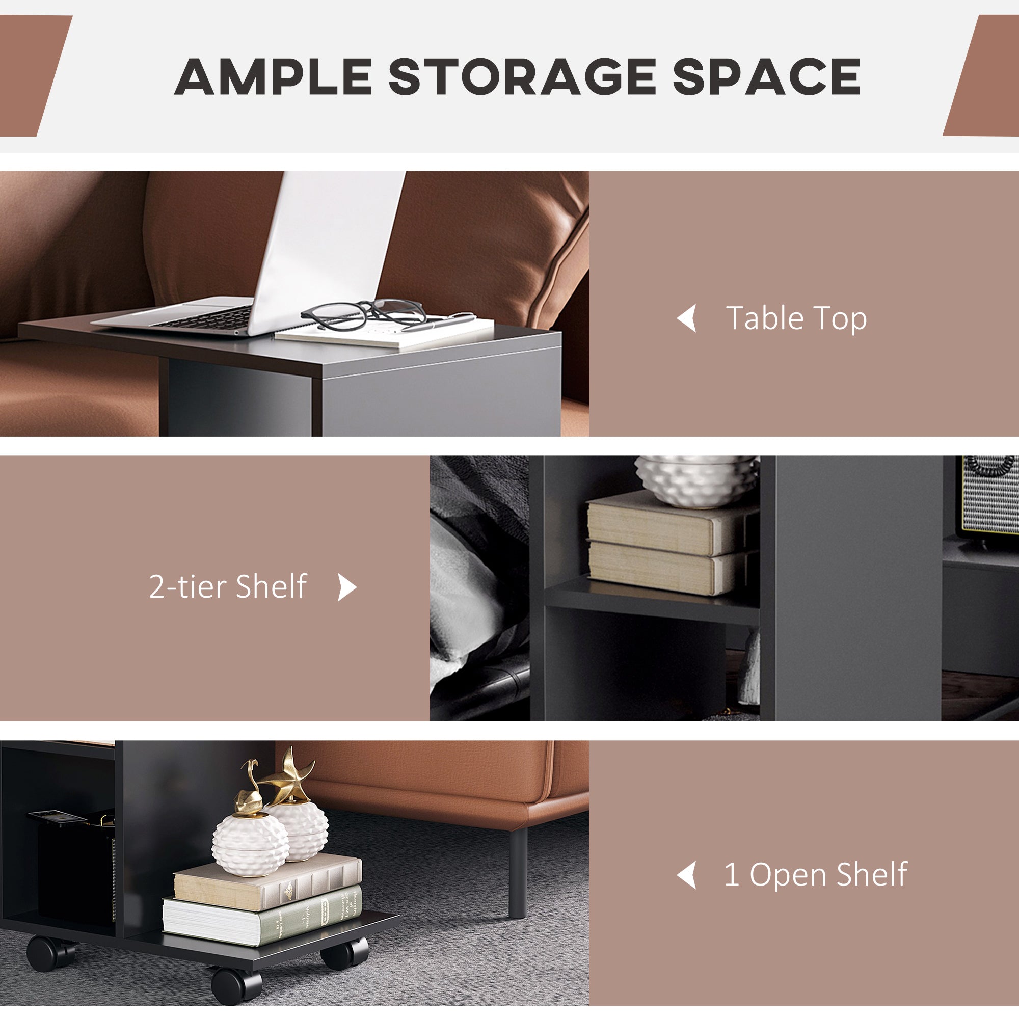HOMCOM C-Shape End Table Unique Storage Unit w/ 2 Shelves 4 Wheels Freestanding Home Furniture Cabinet Square Black 