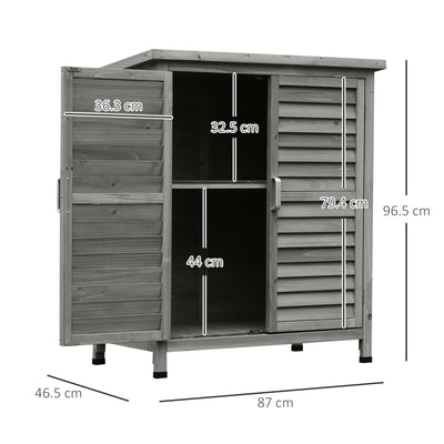 Outsunny Garden Shed Wooden Garden Storage Shed 2 Door Unit Solid Fir Wood Garage Tool Organisation Cabinet, 87L x 46.5W x 96.5Hcm, Grey 